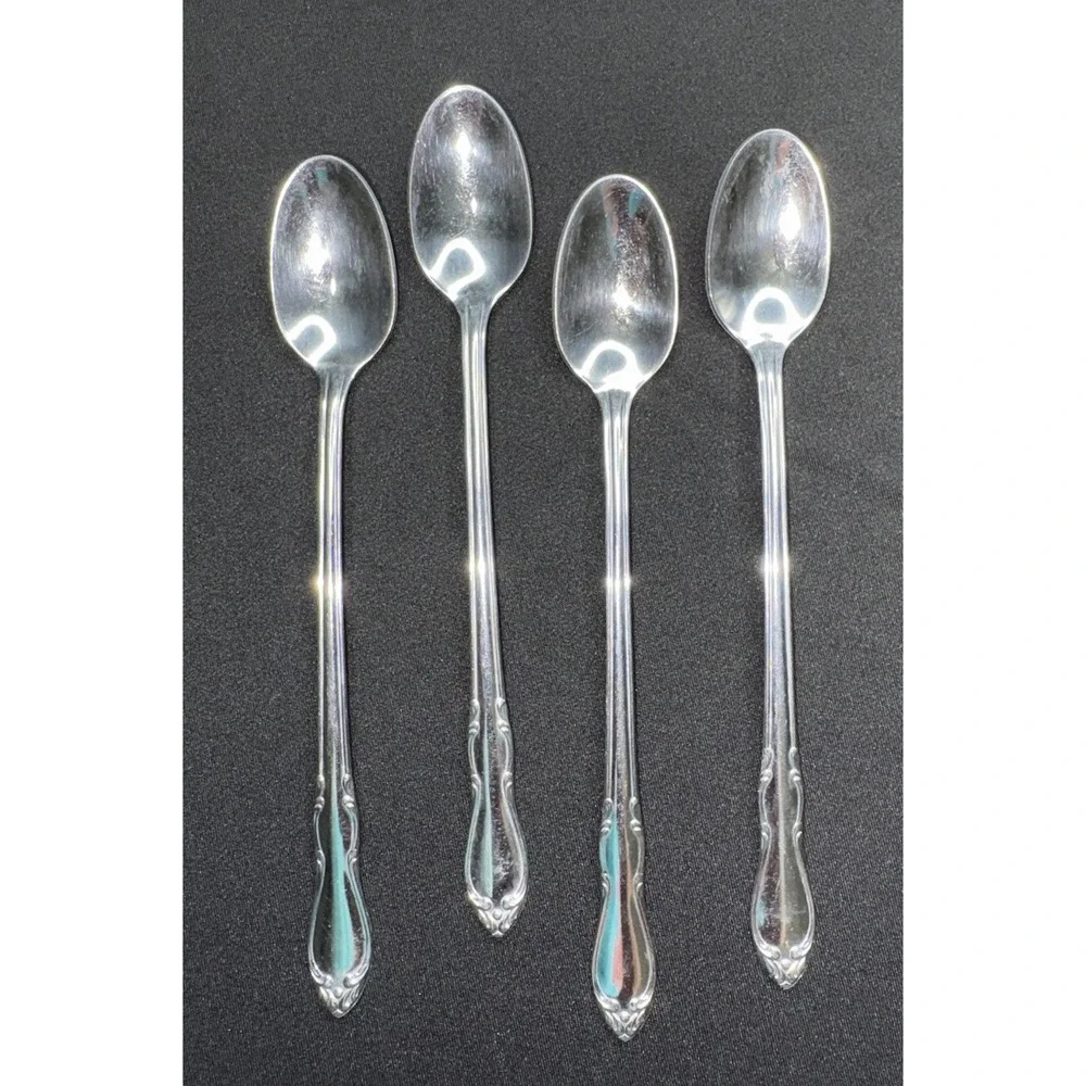 4 Simon L & George H Rogers Co Stainless Oneida Iced Teaspoons Homestead Long